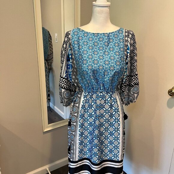LOFT Blue & Black Ocean Mosaic Tassel Tie Midi Dress, Size Small - Picture 4 of 16